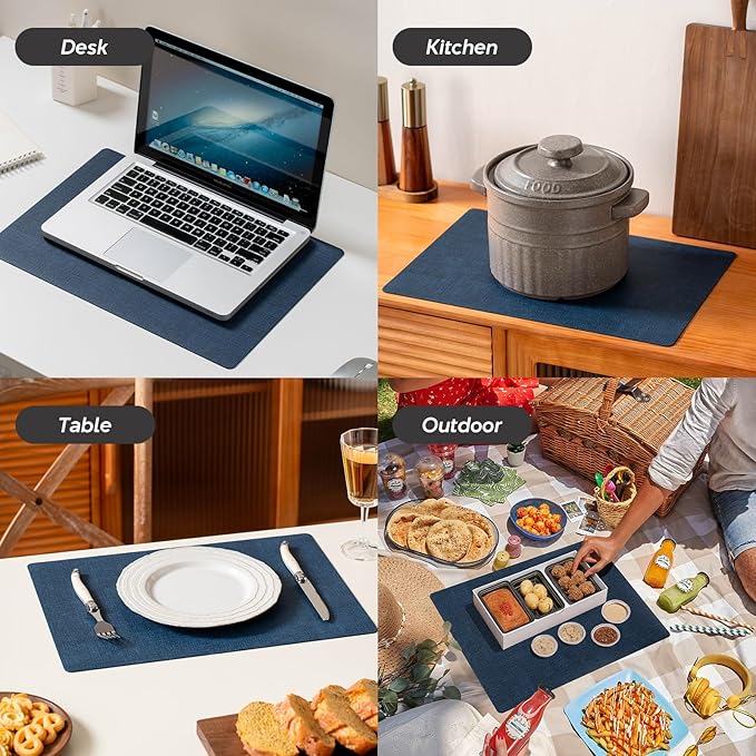 Vinyl Placemats Set of 4 - Faux Leather 100% Waterproof Oil-Proof Wipeable PU Place Mats, Heat Resistant Reversible Table Mats for Kitchen, Dining, Outdoor (Navy Blue)