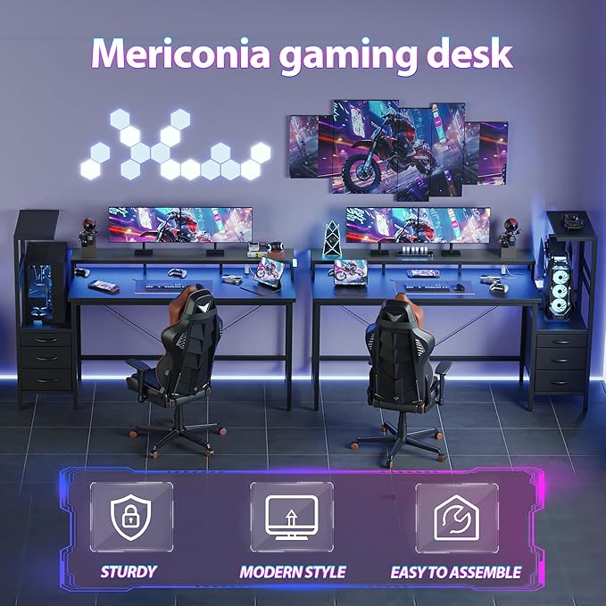 Mericonia 60 inch Gaming Desk with LED Lights & Power Outlets, Reversible Computer Desk with Storage Drawers & Monitor Stand, Large Gaming Table for Home Office