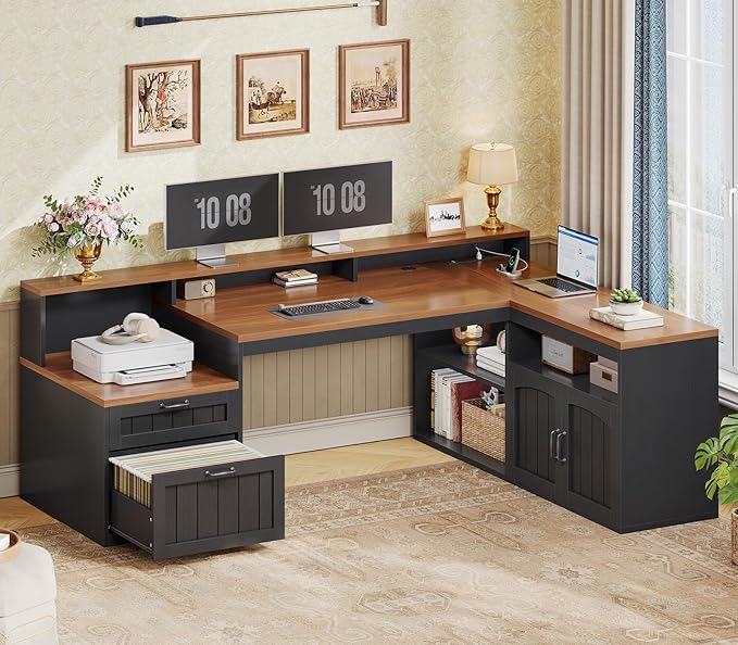 SEDETA 59" L Shaped Desk with Drawers, Farmhouse Corner Computer Desk, Wood Office Desk with File Drawers with Storage, Home Office Desks with Monitor Stand and Storage Cabinet, Brown and Black
