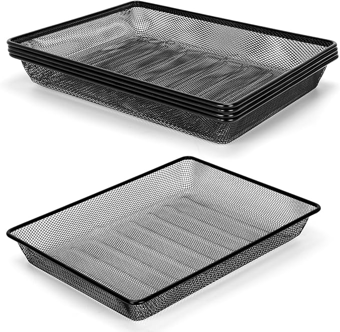 Office Metal Mesh Basket for Desk, Single Paper Tray Organizer, Turn in Trays Classroom, Flat Mail Letter Storage Basket for Office Home Drawers School, Black (5 Pack)