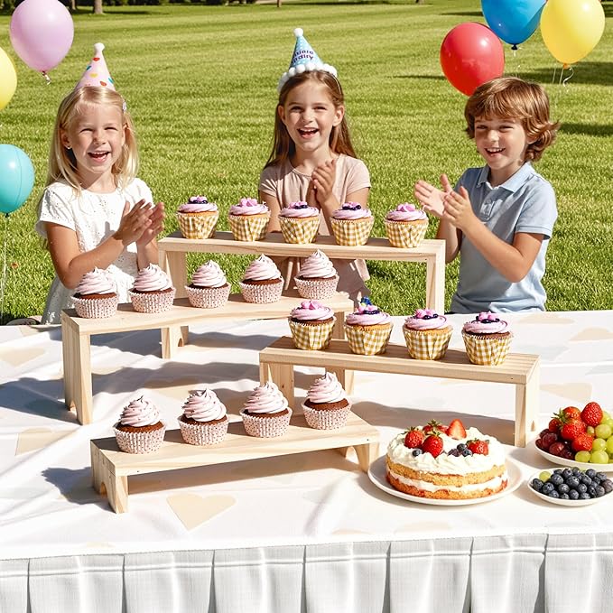 4 Tier Large Display Wooden Riser Stand 1 Set Decorative Rectangular Wood Racks 4 Pieces Stackable Perfume Organizer Cologne Stand Wood Dessert Table Display Set for Vendor Events (Wood color, 4PCS)