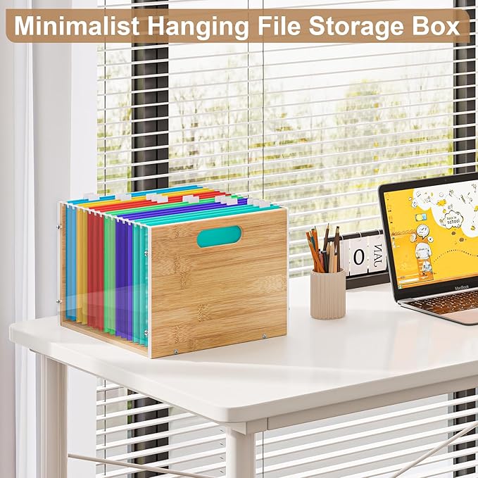 Sbanmao 3 Pack Hanging File Organizer, Clear Acrylic File Box Organizer, Bamboo Filing Box File Crate Organizer Storage Boxes, Portable Filing Organizer with Handle for Letter Size