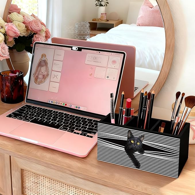 Funny Black Cat Pen Pencil Holder for Desk, Black Cat Mom Lady Lovers Gifts for Women, Pet Lover Gifts Wooden Box Sign Decorations for Home Office Desk Tabletop