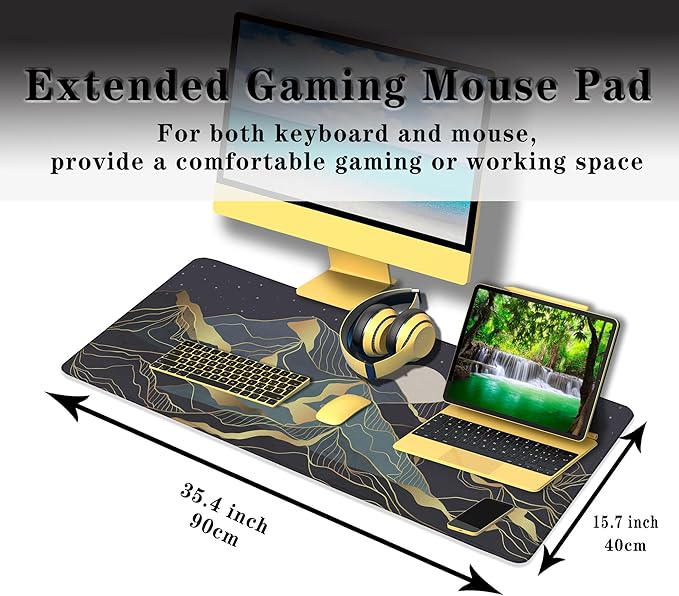 Extra Large Mouse Pad Golden Desktop Pad Keyboard Mouse Pads Desktop Mats Big Gaming Mousepad Waterproof Non-Slip Rubber Base 35.4 X 15.7 for Game Office, Sunset Mountains Art