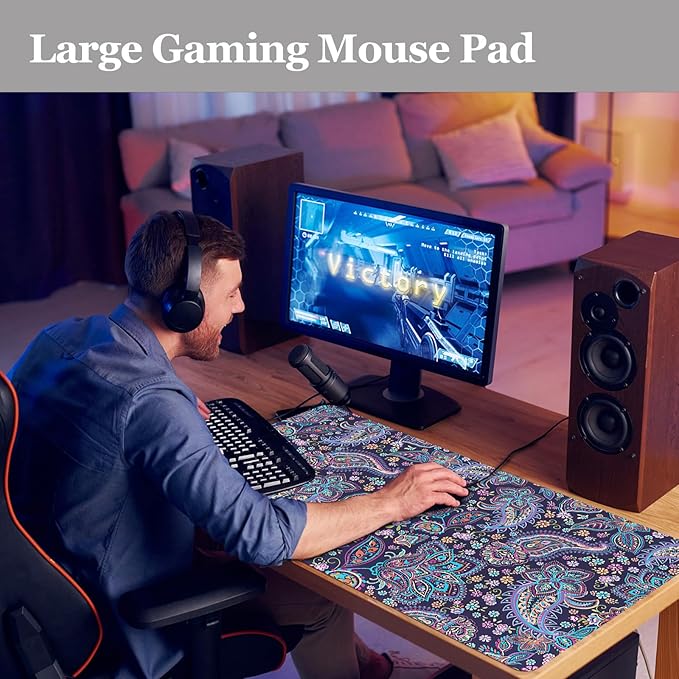 Mouse Pad Paisley Floral, Desk Mat for Desktop, Boho Flowers Desk Pad Extended XXL Large Gaming Mouse pad Anti-Slip with Stitched Edges Waterproof Computer Laptop Keyboard Desk Mat for Women Girls