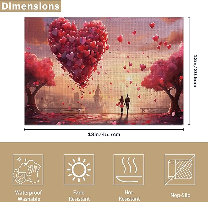 Linen Placemats Set of 6, Red Love Haert Washable Table Mats 12x18 Inch, Heat Resistant Non Slip Placemats for Dining Table Kitchen Everyday Use