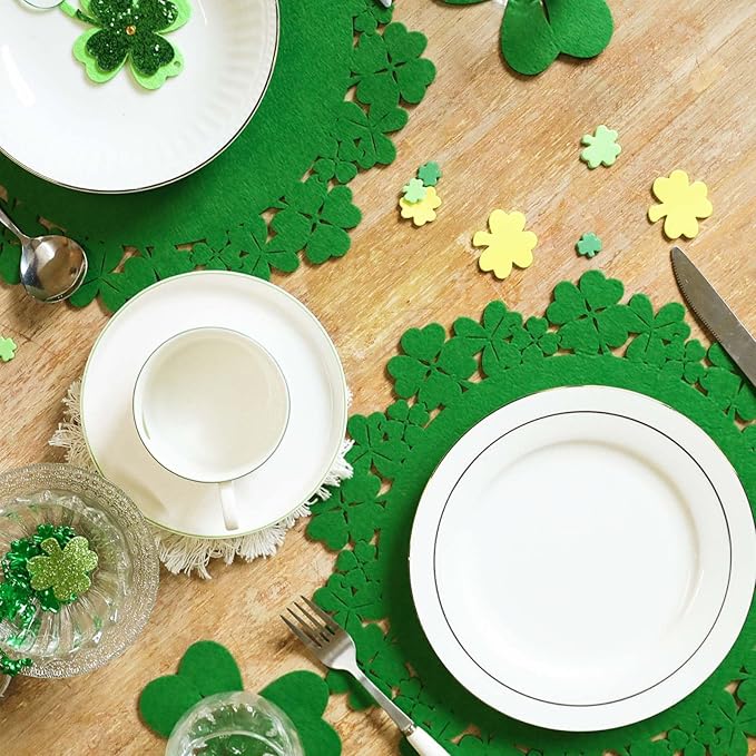 Noctiflorous St. Patrick’s Day Shamrock Green Round Felt Placemats with Coasters Set of 12 Table Decoration Durable Heat-Resistant Non-Slip Washable Place Mats Indoor Outdoor Kitchen Dining Table Mats