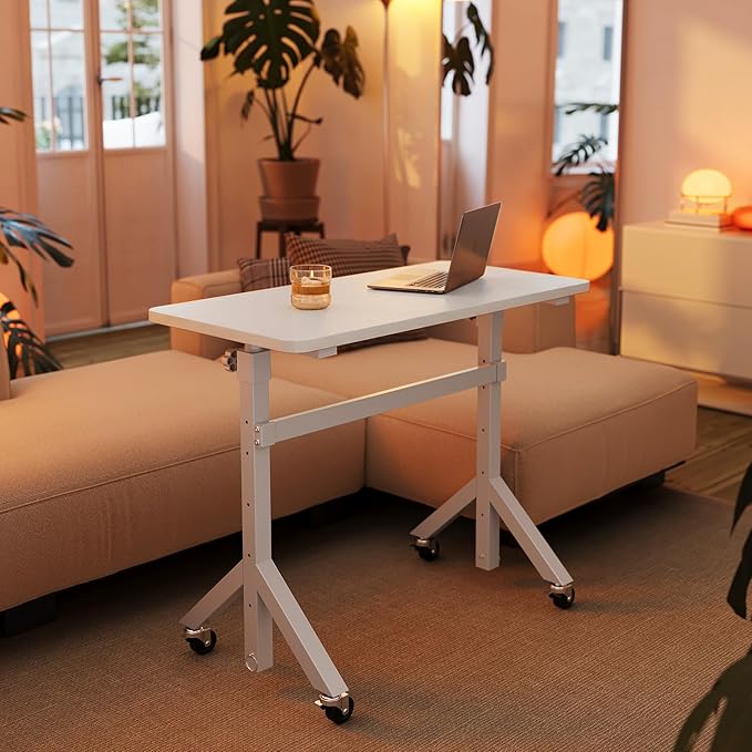 HHUANUO 32'' Small Standing Desk Adjustable Heigh, Mobile Stand Up Desk with Wheels, Portable Rolling Desks for Walking Pad and Treadmill, Computer Laptop Desks for Home Office Space,White