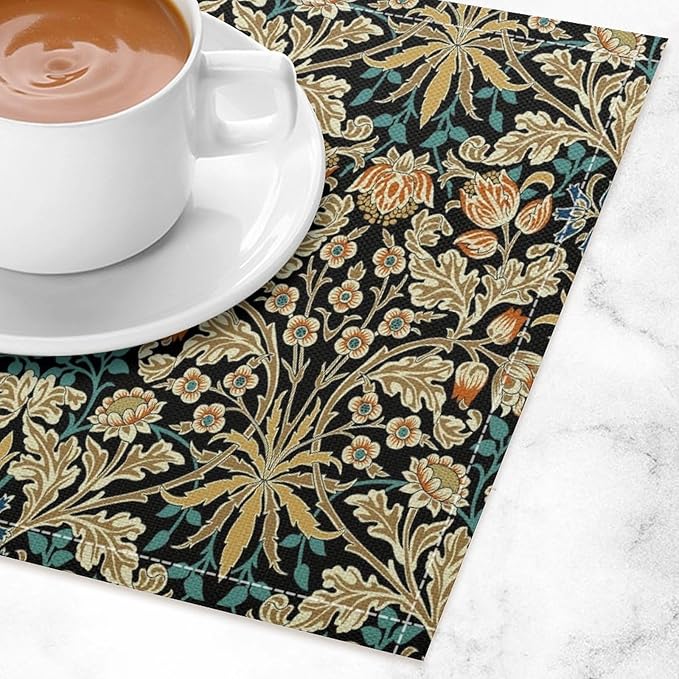 William Morris Floral Placemats Vintage Flower Art Style Boho Chic Retro Floral Linen Washable Table Mats Stain Heat-Resistant Desktop Decor Place Mats for Home Kitchen Dining Party 12x18 in 6 Pcs