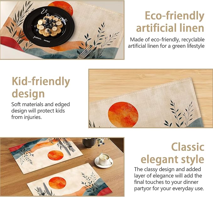 Boho Sunrise Abstract Sun Leaves Placemats Set of 6 Linen Table Mats, 12x18 Inch Washable Placemats for Dining Table, Non Slip Heat Resistant Mats for Kitchen Home Decor
