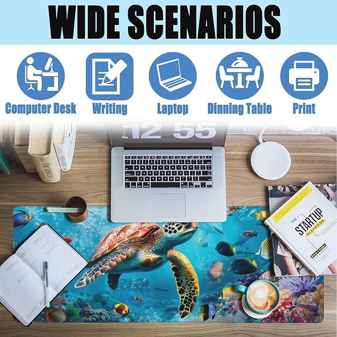 XL Mouse Pad,Sea Turtle with Colorful Fish Large Gaming Mouse Pad,The Underwater World Desk Mat,Extended Big Computer Keyboard Desk Pad with Non-Slip Base Stitched Edges 31.5"x11.8"