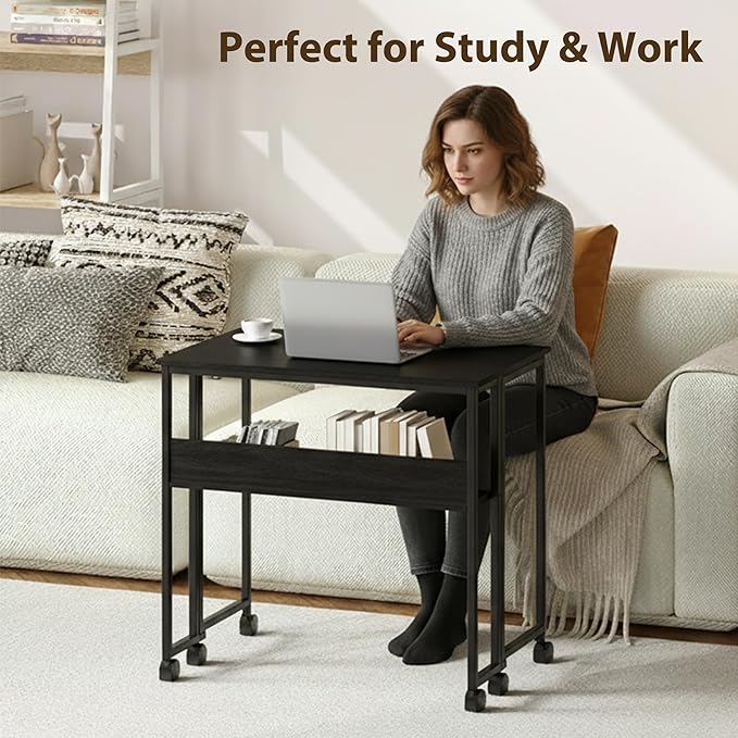 Folding Desk Small Rolling Desk with Storage Shelf,24.8 Inch Foldable Computer Table with Wheels,Portable Office Desk for Small Space Sofa Table,Easy to Fold,Writing Work Office Computer Desk,Black