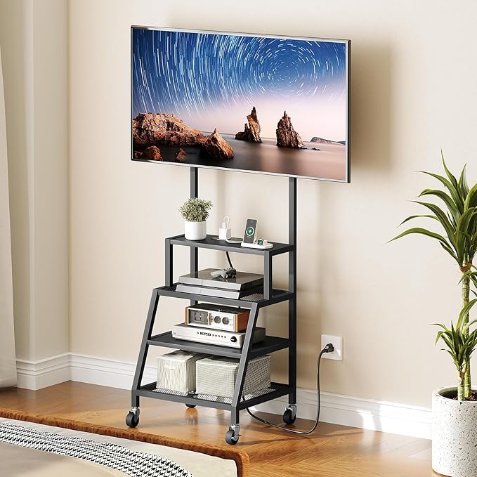MAHANCRIS Rolling TV Stand with Mount, Corner TV Console with Wheels Up to 50 Inches, Entertainment Center with Storage, Small TV Stand with Power Outlet for Living Room, Rustic Brown TVBK117E01