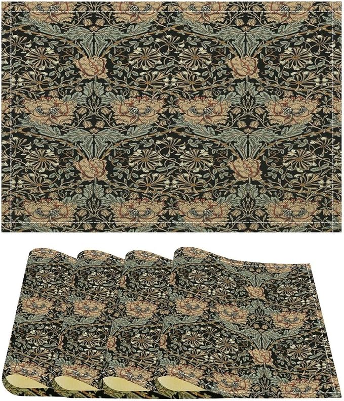 William Morris Floral Placemats Vintage Flower Art Style Boho Chic Retro Floral Linen Washable Table Mats Stain Heat-Resistant Desktop Decor Place Mats for Home Kitchen Dining Party 12x18 in 6 Pcs
