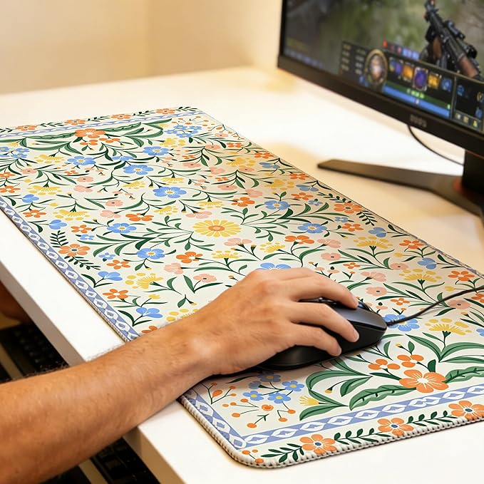 Green Floral Mouse Pad,35.4 x 15.7 Inch Large Mouse Mat Non-Slip Rubber Stitched Edges for Writing Desk,Office,Home,Laptop