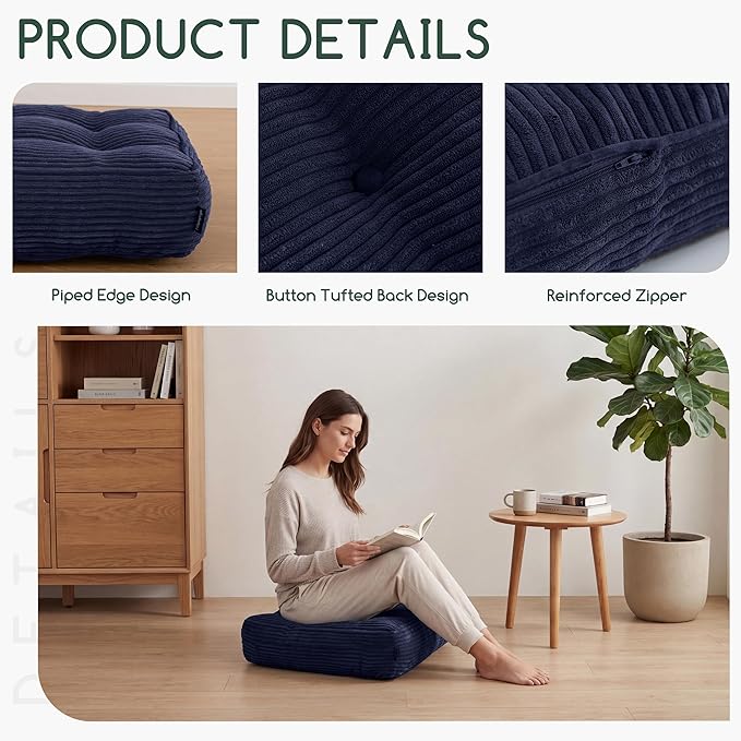 HIGOGOGO Tufted Corduroy Recliner Seat Cushion for Elderly, 20x20x5 Inch Large Square Seat Cushion for Recliner Chair, Floor Pillow, Office Chair, Car, No Pressure on Thighs, Navy
