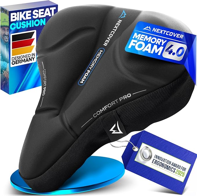 Nextcover® Bike Seat Cushion CoverPro with Memory Foam 4.0 I Ergonomic Bike Seat Cover - Ideal for Stationary, Mountain, Spin or Outdoor Bike I Comfortable Gel Padded Bicycle Seat Cushion