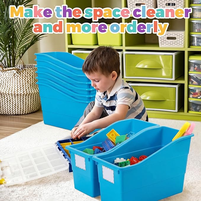 Suzile 12 Pcs Large Book Bins with Labels for Classroom Linking Plastic Storage Book Bins 12.5 x 7.5 x 5.5 Inch Folder Magazine File Holder Container Organizer for Classroom Library Office Home (Blue)