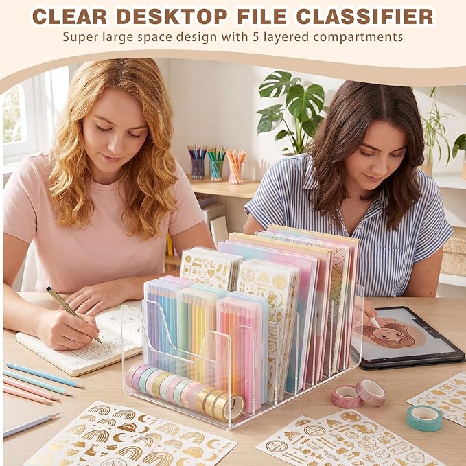 Wenqik Clear Acrylic Desktop File Organizer Vertical File Sorter 4mm Thick, Large Capacity Upright Magazine Organizer, Book Paper, Notebooks, Envelopes, Mail Holder(1 Pack,7 Section)