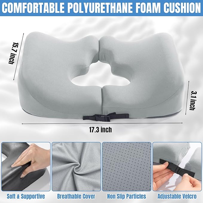 HOMBYS Memory Foam Bed Sore Cushions for Butt, Bedsore Pressure Relief Pillow for Sleeping and Sitting, Cushion for Bed Sores on Buttocks, T Shaped Opening Tailbone Pillow, Patent Pending, Light Grey