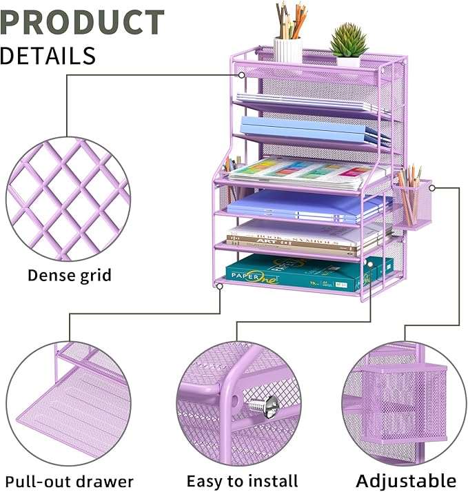 Purple 7 Tier Desktop File Organizer, Letter Tray Paper Organizer with Pen Holder and Metal Hanging Basket, Vertical Desk File Holder for Home Office Organization