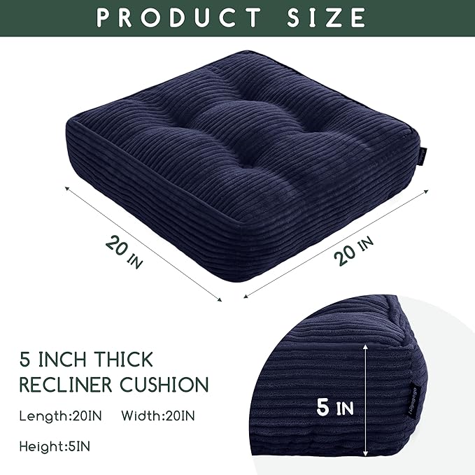 HIGOGOGO Tufted Corduroy Recliner Seat Cushion for Elderly, 20x20x5 Inch Large Square Seat Cushion for Recliner Chair, Floor Pillow, Office Chair, Car, No Pressure on Thighs, Navy