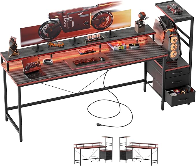 Mericonia 68 inch Gaming Desk with LED Lights & Power Outlets, Reversible Computer Desk with Storage Drawers & Monitor Stand, Large Gaming Table for Home Office