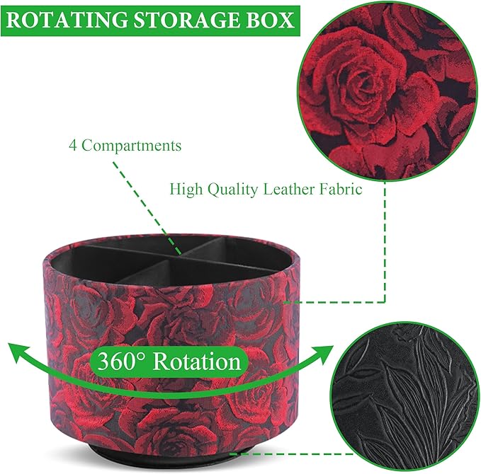 Round Leather Art Supply Organizer,Remote Control Holder,360 Degree Rotating,Multi-Functional Pencil Holder,4 Compartments Desktop Stationary Organizer(1-3D Rose Red)
