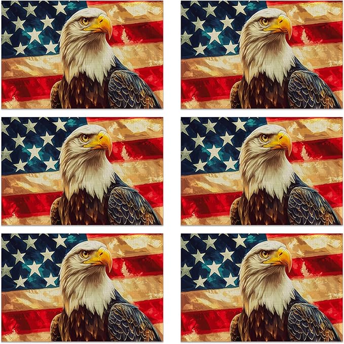 Linen Placemats Set of 6, Eagle Retro American Flag Washable Table Mats 12x18 Inch, Heat Resistant Non Slip Placemats for Dining Table Kitchen Everyday Use