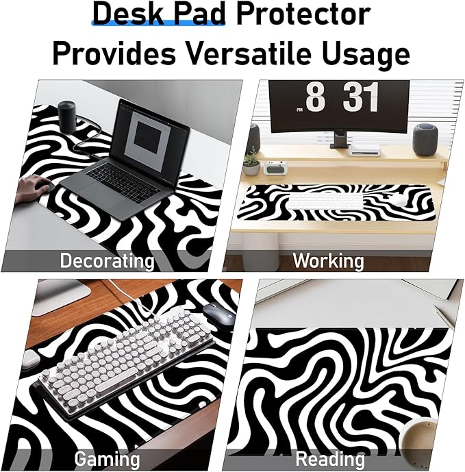 Gaming Mouse Pad, Non-Slip Rubber Bottom Stitched Edges, Suitable for Home, Office, Gaming, 31.5x11.8 Inch Large Mouse Pad, Black and White Abstract Waves
