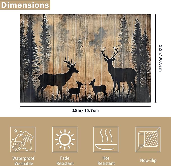 Rustic Deer Forest Table Placemats Set of 6, Linen Placemats 12x18 Inch, Washable Non Slip Heat Resistant Mats for Dining Table Kitchen Indoor Use