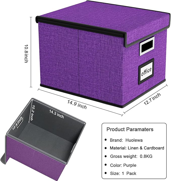 File Organizer Box with Lid, Collapsible File Folder Organizer for Office Document Storage, Filing Box with Plastic Slide for Letter Size Hanging File Folders(1 Pack, Purple)
