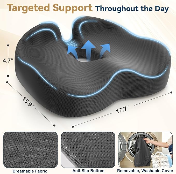 TushGuard Ergonomic Seat Cushion with Coccyx Cutout - Memory Foam Office Chair Cushions for Tailbone Pressure Relief, Non-Slip Chair Pad with Washable Cover for Car, Office, Wheelchair, Grey