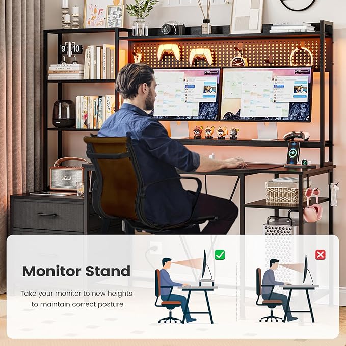 UPOSOJA Gaming Desk with Hutch, 65in Reversible Computer Desk with Power Outlets LED Light, Home Office Desk with Monitor Stand 2 Drawers 4 Storage Shelves Pegboard 8 Hooks Mouse Pad (Black)