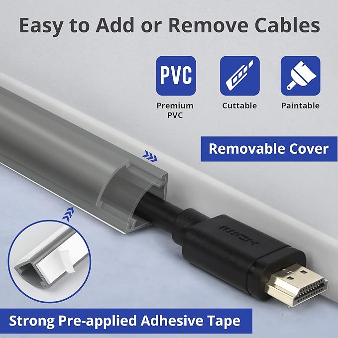 136in Corner Cable Concealer, Corner Cord Hider for One Cord, Wire Covers for Cords, Paintable Corner Cord Cover, Cable Management Channel Cable Raceway for Wall, Floor Baseboard, Ceiling Grey