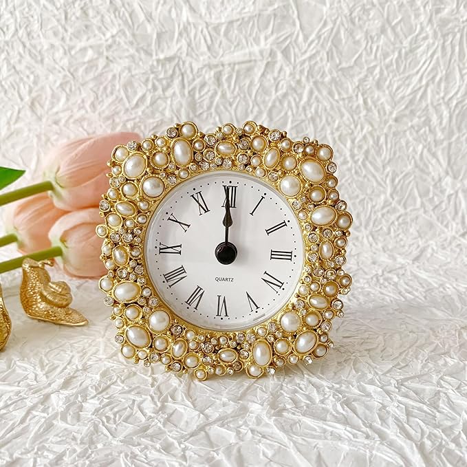 Silent Mini Vintage Analog Table Clock with Faux Pearls Metal Body and Battery Operated Non-Ticking Core for Shelf, Bedroom, Bedside, Desk, Gift Clock