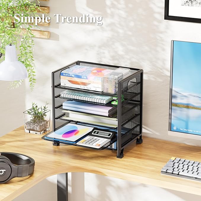 Simple Trending 6-Tier Paper Organizer for Desk– Letter Tray & File Holder with Handle, Metal Mesh Desktop Document Shelf for Office, Black