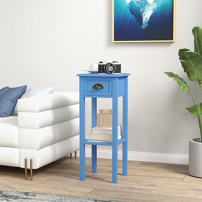 HOMCOM Narrow End Table with Drawer and Bottom Shelf, Slim Side Table for Small Spaces, Skinny Modern Space-Saving Accent Desk for Living Room, Set of 1, Light Blue