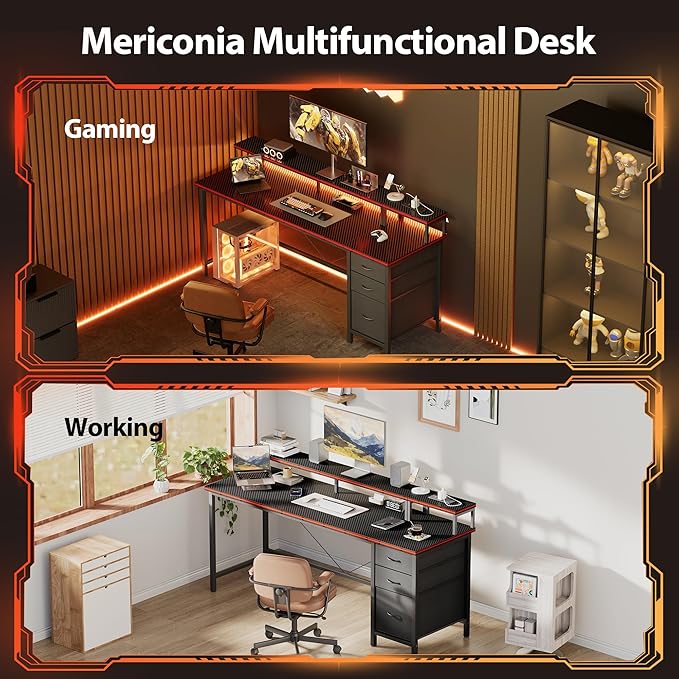 Mericonia 63 inch Computer Desk with Storage Drawers & Monitor Stand, Reversible Gaming Desk with LED Lights & Power Outlets, Large Gaming Table for Home Office