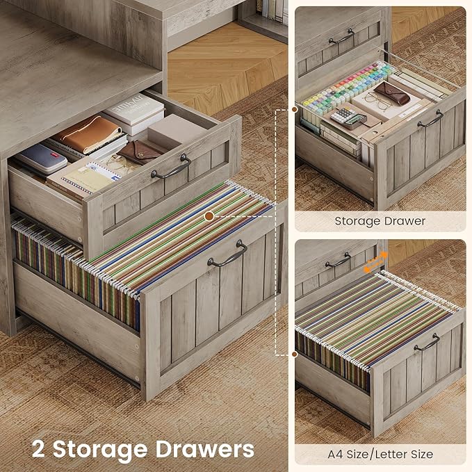 SEDETA Farmhouse L Shaped Desk with Drawers, 59" Office Desk with File Drawers, Wood Corner Computer Desk with Storage, Home Office Desks with Storage Cabinet and Monitor Stand, Grey