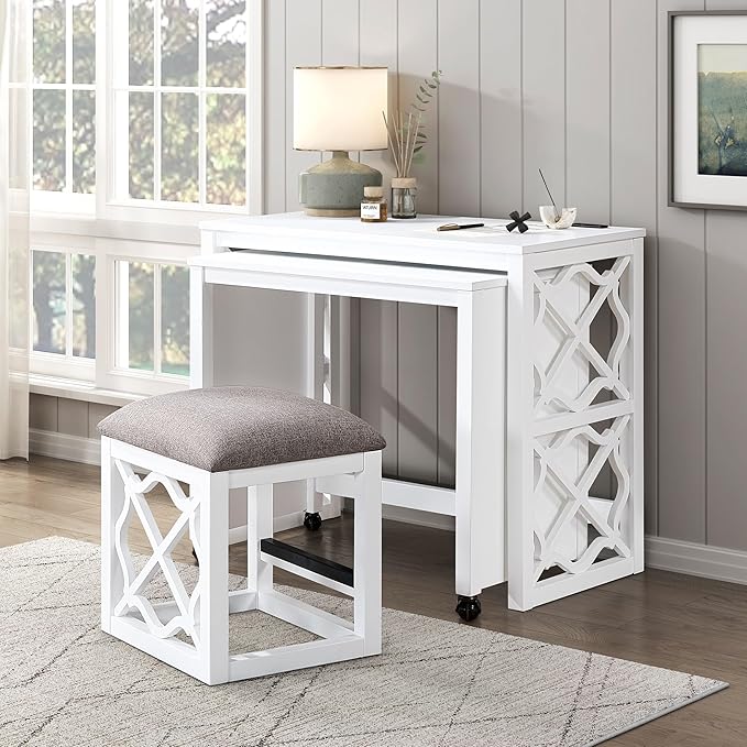 3-Piece Computer Gaming Desk Set with Rolling Desk and Stool, Home Office Corner Desks, Bedroom Craft Study Table, Adjustable Work Standing Desks for Home Office Furniture,White