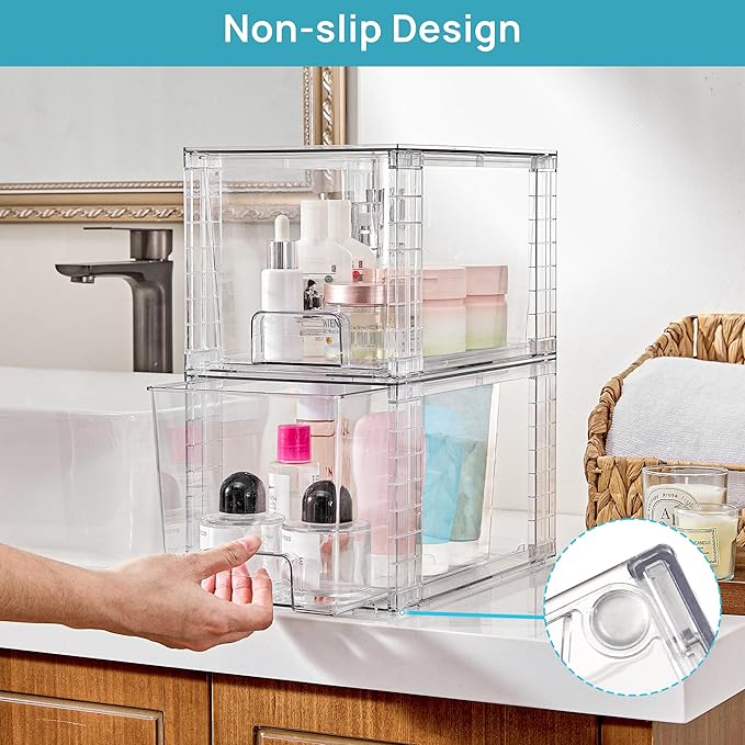 Vtopmart 6 Pack Large Stackable Storage Drawers,Easily Assemble Acrylic Bathroom Closet Undersink Organizers and Storage,Plastic Bins for Kitchen Cabinets,Pantry,Makeup,Medicine Organization