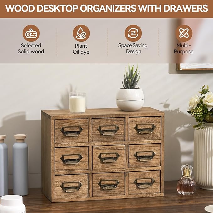 KIRIGEN Wooden Desk Storage Cabinet with 9 Mini Drawers, Solid Wood Desktop Organizer with Metal Label Handles for Office Supplies, Crafts, Tea Bags, Makeup, Brown 9CG-DBR