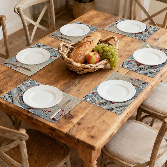 Red Cardinal Bird Christmas Placemats Set of 6 Linen Table Mats, 12x18 Inch Washable Placemats for Dining Table, Non Slip Heat Resistant Mats for Kitchen Home Decor