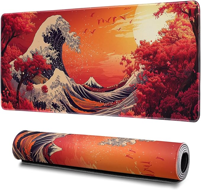 Red Japanese Sea Wave Mouse Pad Abstract Red Mouse Pad 31.5x11.8 Inch Texture Non-Slip Rubber Base Large Mousepad Stitched Edges Keyboard Mouse Mat Desk Pad for Office and Home