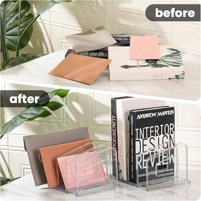 LALOBLUE File Organizer, Acrylic File Folder Organizer File Sorter, Plastic Vertical Book Dividers for Magazine Mail Letter Paper, Desktop Organizers for Office, Classroom & Home(4 Sections, 2 Pack)
