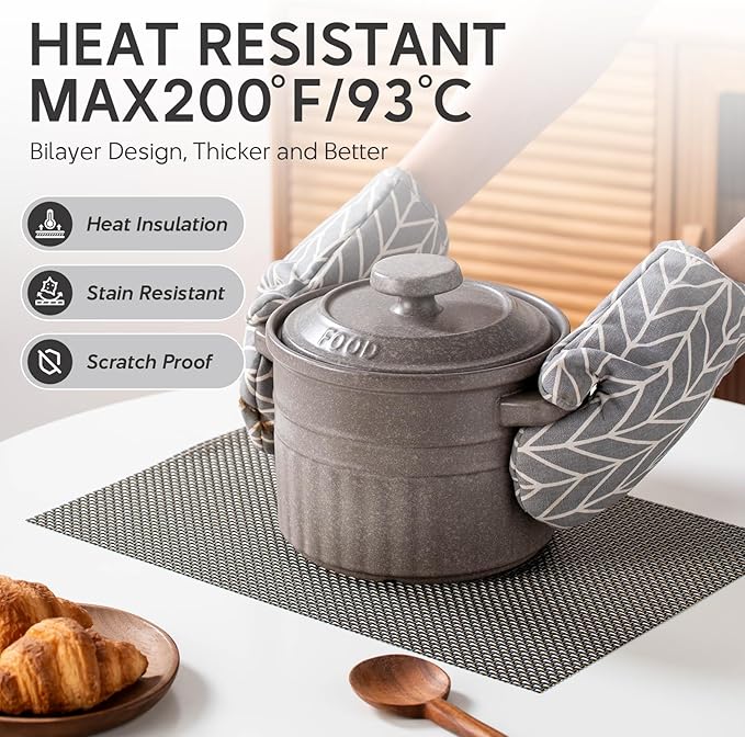 Heat Resistant Woven Vinyl Placemats, PVC Polyester Blend, 17.72x11.81 Inches, Gold and Gray, Set of 4, Non-Slip Stain Resistant Kitchen Table Mats