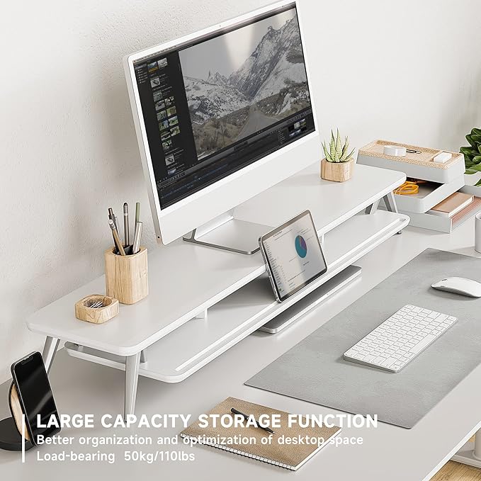 Fenge Dual Monitor Stand, Monitor Stands Riser for 2 Monitors, 42.5 Inch Wood Desk Shelf with Storage Organizer and Cable Management for Office Desk Accessories