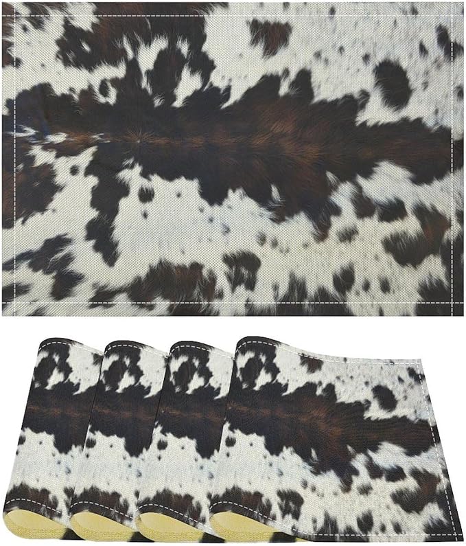 Cow Fur Placemats Farmhouse Western Farm Animal Skin Brow and White Cowhide Print Linen Washable Table Mats Stain Heat-Resistant Desktop Decor Place Mats for Home Kitchen Dining Party 12x18 in 6 Pcs