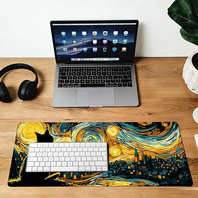 Large Gaming Mouse Pad Yellow Starry Night Cat Desk Mat,Non-Slip Rubber Base Stitched Edges,Extended Mousepad for PC,Laptop,Office,Home Decor(31.5 x 11.8 Inch)